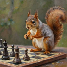 a squirrel playing chess, oil on canvas, fantasy, high detail, masterpiece