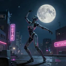 an emotional concept painting of a cyberpunk android dancing in the moonlight, neon signs, empty city, large detailed moon, concept painting by Alphonse Mucha and Ross Tran and WLOP and Ruan Jia and Greg Rutkowski