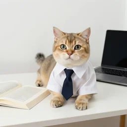 a photo of a cat wearing a shirt and tie, sitting at a white desk. The desk has a textbook and a laptop on it