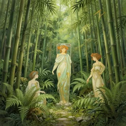 hyperdetailed fern grotto with bamboo, digital painting, artstation hq, sharp foccus ilustration, artstation hq. intricate, elegant. wlop, artgerm, greg rutkowski, alphonse mucha, medium shot. dan mumford, tomokazu matsuyama, takato 4 yamamoto