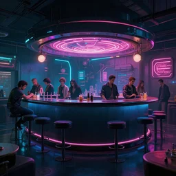 photo environment cyberpunk bar : 4, 4 k rtx hdr volume light concept studio matte painting environment digital illustration style cyberpunk 2 0 7 7 artstation, by artur tarnowski, by mihai muscan, by marcin tomalak, by marta leydy, marcin stepien, charlotte hughes, zuzanna dabrowa, neon bioluminiscence