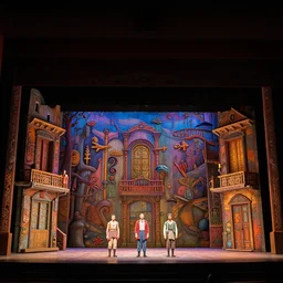 photo of a huge theaterstage, play is la boheme, 3 actors on stage, 8 k, multicolored, exaggerated detailed, long shot