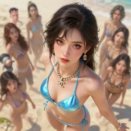 masterpiece portrait of a beautiful stunning girl, accessories, in sky blue reflective bikini, chanel jewelry, beach, fantasy character portrait, dynamic pose, big eyes, above view, top lighting, art by charlie bowater and wenjun lin and starember and gil elvgren, ilya kuvshinov, mary jane ansell, cryengine, lumion render, 8 k realistic, hyper detailed, digital painting, artstation, concept art, ray tracing, realistic shaded, perfect face