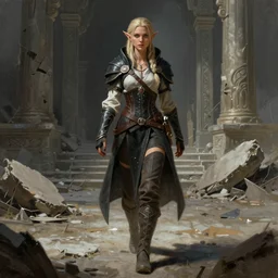 full body character portrait of a female elf lavellan from dragon age walking through a destroyed temple wearing assassins clothes, dragon age concept art, dragon age, illustration, digital painting, realistic lighting, with a realistically proportioned face, photorealistic eyes, good value control, realistic shading, john singer sargent
