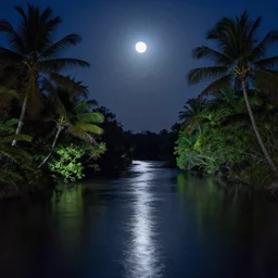 the night time river of light, tropical vegetation, rule of thirds, serene moonlight, by frederic edwin church,