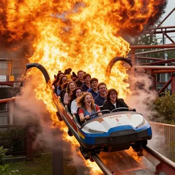 rollercoaster full of happy people headed into a large fire