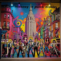 collage in the style of terry gilliam, History of punk music, Graphic style psychedelia year 1966, mixed with 1977 girls bands, buildings london, painted on the walls, colored lights, many details, pop art