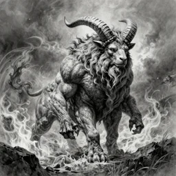 full body grayscale drawing by Anato Finnstark of muscled horned humanoid beast, swirling flames