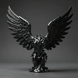 “a dark desaturated photograph of a vaguely winged asymmetrical sculpture made of glossy black liquid latex, asphalt and metal, the shape of the wings resembles an intricate black metal logo, designed by helmut lang and junya watanabe, asymmetrical cinematic composition, 8k hyperrealistic, hyper-detailed, 10mm camera, highly textured, dark volumetric lighting, fine details, muted, octane render” — h 768 - n 9