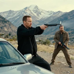 a very high resolution image from a new movie, eminem shooting a car. mountains, directed by wes anderson