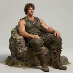 a relaxed gorgeous male druid in a sleeveless west, short brown hair, stringy, full body, 8 k, hyperrealistic, hyperdetailed, fantasy portrait by laura sava