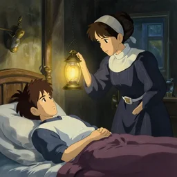 1 8 5 5 crimea, army hospital at night, florence nightingale holding lamp watching over sleeping patient, finely detailed perfect art, painted by greg rutkowski makoto shinkai takashi takeuchi studio ghibli