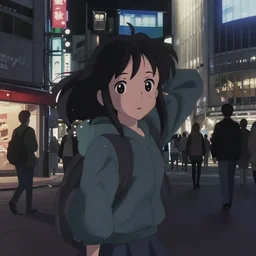 anime visual, dark portrait of a young female traveler in shibuya at night shopping, low light, cute face by ilya kuvshinov, yoh yoshinari, makoto shinkai, dynamic pose, dynamic perspective, cel shaded, flat shading mucha, rounded eyes, moody, detailed facial features, maison ikkoku