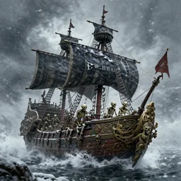a pirate ship with elaborate design driven by skeletons in the middle of a snowstorm, dark souls inspired, elden ring inspired, octane render, rtx, unreal engine 5, digital painting, trending on artstation, highly detailed, epic composition, 8 k uhd