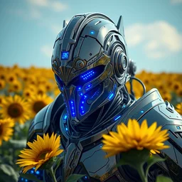 photography of a hyper realistic cybertronic knight. complex and highly detailed armor, blue leds, in a sunflower field. intense stare, concept art, intricate detail, volumetric shadows and lighting, realistic glass sculpture, octane render, unreal engine