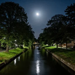 moon over canal, next to the canal there are trees and grass, it's night time