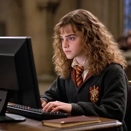 Photo of Hermione Granger using a computer in Hogwarts