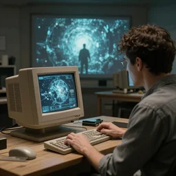 a man watching the end of the world on a vintage computer