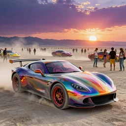 creative fanciful Art Cars of BurningMan on the Playa, Kodachrome, photorealistic, detailed with colorful people,