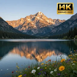 highly detailed realistic landscape photo of calm lake, sunlit mountains in background, flowers in foreground, award winning photo, hyper realistic, concept art, 8 k detail post - processing