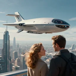 gorgeous sci fi imagery | landing spot | space and city flying craft | futuristic | beautiful couple in the foreground heading to their hovering transport | futurism | modern couple | futuristic cityscape in the background | low angle close up | by john berkey, greg rutkowski, james gurney