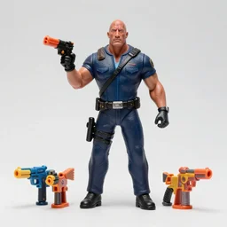 A miniature Dwayne Johnson with a set of toy guns