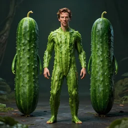 hyperrealistic film full body still of! benedict cumberbatch! disguised as a cucumber, vegetable life form, stunning 3 d render, inspired by istvan sandorfi & greg rutkowski & unreal engine, perfect symmetry, dim volumetric cinematic lighting, 8 k octane comprehensive render, extremely hyper - detailed, incredibly lifelike attributes, intricate, real flesh texture, masterpiece, artstation, stunning,