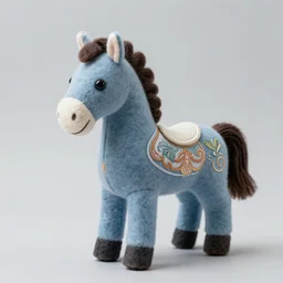 a beautiful realistic felt plush horse in dusty blue with ornate detailed embroidery decoration