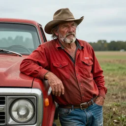 an old tired redneck farmer with a mullet leaning up against a pickup truck