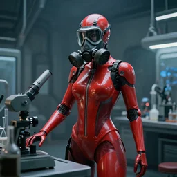 big budget scifi movie set in postapocalyptic world sexy female cyborg in red rubber and gas mask work in science lab
