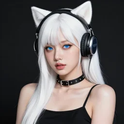 realistic teasing detailed semirealism beautiful gorgeous cute Blackpink Lalisa Manoban white hair white cat ears blue eyes, wearing black camisole outfit, headphones, black leather choker artwork drawn full HD 4K high resolution quality artstyle professional artists WLOP, Aztodio, Taejune Kim, Guweiz, Pixiv, Instagram, Artstation