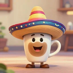 animated ( ( ( ( ( ( ( anthropomorphic coffee cup wearing a colorful sombrero sombrero, wearing a sombrero