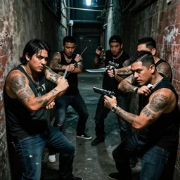 hispanic gang members with tattoos in a brawl with knifes and guns in a dark alley in the style of satoshi kon