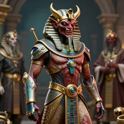 a detailed 3 d render of a frightening egyptian demon wearing cyberpunk warrior armor in the style of stephen gammall and escher, william blake, rembrandt, raphael, giger, junji ito, artstation, crisp image, award - winning art, 8 k, vivid color scheme, tilt shift focus, cinematic