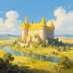High Fantasy solitary Castle!! on a plain near a river, Yellow roofs. Joyful matte painting by Darek Zabrocki and Emmanuel Shiu, 4k ultra detailed, great composition cinematic.