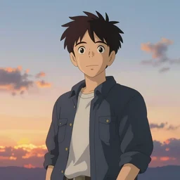Friendly looking guy, sunset sky, made by Studio Ghibli, accent lighting, highly detailed art, beautiful scene, sharp focus, smooth, 8k, anime art