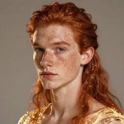 portrait of a thin young man with long red hair, ponytail, a lot of freckles on his faceglowing lighting, intricate, elegant, glowing lights, highly detailed, digital painting, artstation, concept art, smooth, sharp focus, illustration