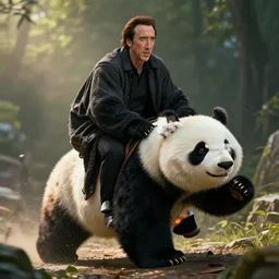 nick cage riding a panda bear, stunning, surrounding cinematic light, hyper detailed, 4 k cinematic octane render
