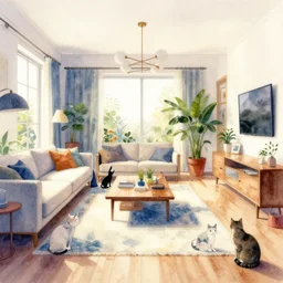 a hiper intricate watercolor of a beatiful modern indoor living room with cats, extremely detailed, sharp focus, wide view, smooth, digital illustration, colorfull, by william turner art, by greg rutowski, by carl larson, by edmund dulac