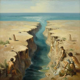 illustration of the Red Sea parted, realistic painting, classical painting, high definition, digital art, matte painting, very detailed, realistic