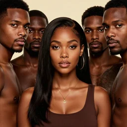 an aesthetic beautiful movie poster of a brown woman surrounded by three brown men, detailed digital art, trending on artstation, hyperrealistic faces and body