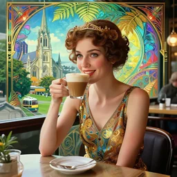 beautiful happy slim young princess enjoying a flat white at a cafe in christchurch, new zealand. high quality cinematic 1 9 2 0 s art deco fantasy digital render art by alphonse mucha. 4 k wallpaper. silver fern. incredible. kiwiana. stunning. vibrant. saturated. intricate. cyberpunk utopian. christchurch cathedral. hagley park. the gondola.
