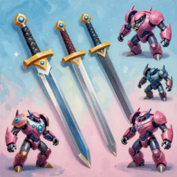 game asset of the sims utensils of japanese weapon guns sword, infused with zerg hydralisk, in gouache detailed paintings, props, stylized, 2 d sprites, kitbash, arcane, overwatch, blue and pink color scheme, 8 k, close up