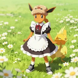 female butterfree pokemon like a mantis in a floe - style maid dress standing in a field of daisies wearing converse shoes and a beaverskin hat, digital illustration by ruan jia on artstation