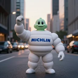 michelin man alien on a su urban street at dawn