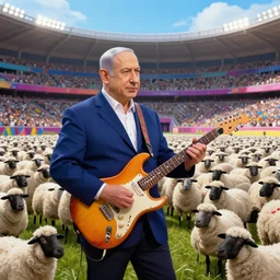 netanyahu playing electric guitar in a stadium in front of a crowd of sheep, colorful, fantasy, hq