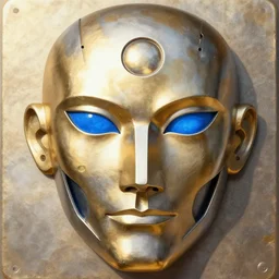 metal android face, blue eyes, gold, silver, relief
