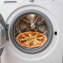 photo of a washing machine with pizza spinning inside it