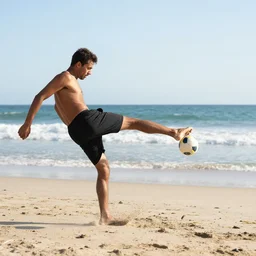 a man kicking a ball at the beach