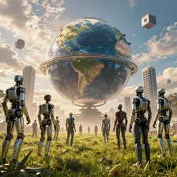 robots have conquered people cities and the planet in the future under the rule of cyborgs, cinematic view, epic sky, detailed, concept art, low angle, high detail, warm lighting, volumetric, godrays, vivid, beautiful, trending on artstation, by jordan grimmer, huge scene, grass, art greg rutkowski